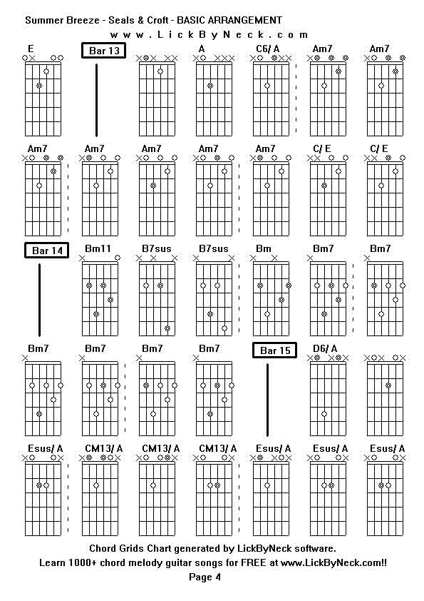 Chord Grids Chart of chord melody fingerstyle guitar song-Summer Breeze - Seals & Croft - BASIC ARRANGEMENT,generated by LickByNeck software.